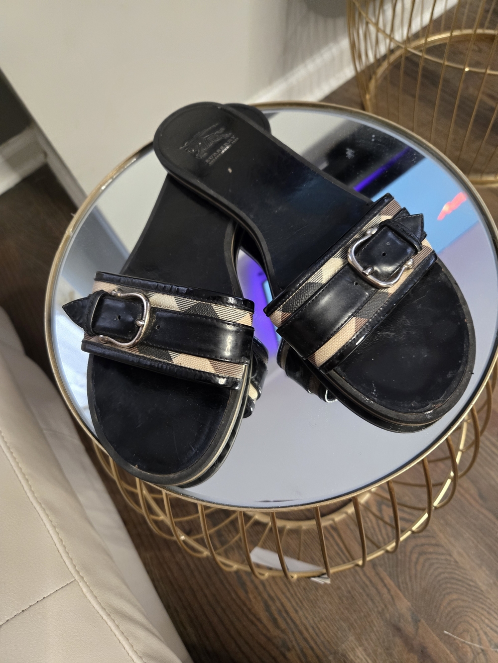 Burberry Black Patent Slide Sandals with Check-Trim Buckle